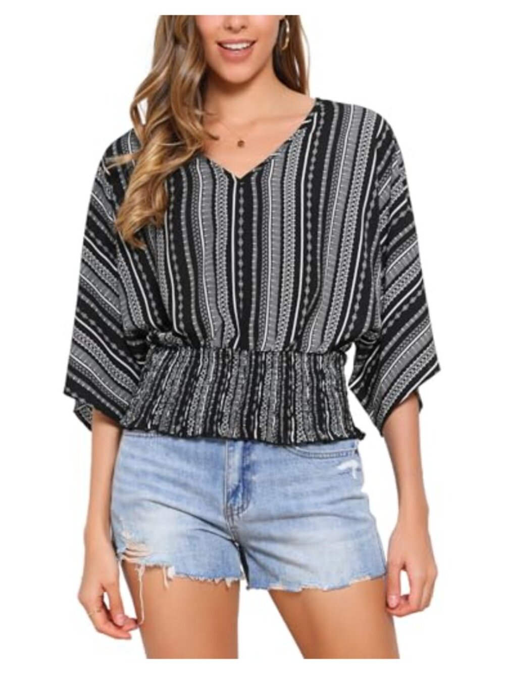 Boho Chiffon Dolman Sleeve Blouse Women's Smocked Waist Top